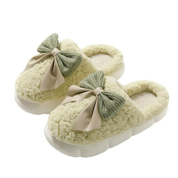 Cute Bow House Slippers for Women Comfy Furry Plush Indoor Outdoor Non Slip Platform Bedroom Shoes Woman