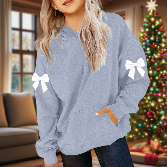 Cute Bow Long Sleeve Hoodies for Girls Oversized Preppy Pullover Tops Trendy Hooded Sweatshirts New Girl Tops Trendy Gray 130