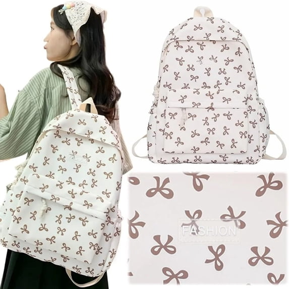 Cute Bow Nylon Backpack, Kawaii Preppy Style Rucksack, Lightweight Aesthetic Laptop Bag with Large Capacity, Durable Soft Fabric, Adjustable Straps
