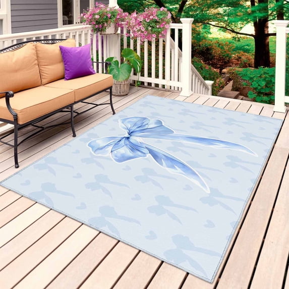 Cute Bow Outdoor Rug 5x7 Ft, Non Slip Washable Area Rug, Blue Bowknot Minimalist Solid Color Patio Rugs Carpet Runner, Large Floor Mat for Indoor/Outdoor Deck Porch Camping