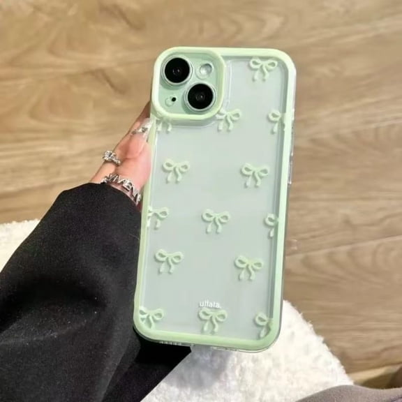 Cute Bow Pattern Clear Phone Case Compatible with iPhone Case (Green Bow, for iPhone 14)