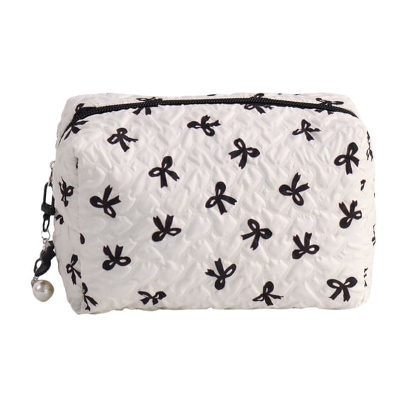 Cute Bow Pattern Quilted Cosmetic Bag, Portable Travel Cosmetic Storage Bag with Zipper and Charms, Fashionable Toiletry Bag for Women