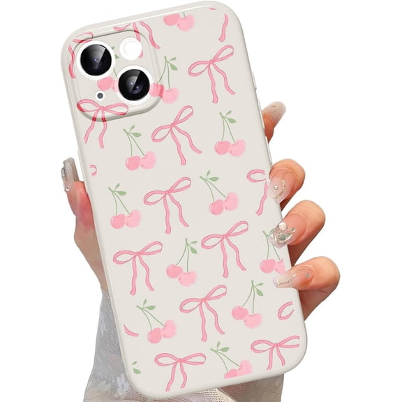 Cute Bow Phone Case for iPhone 13 6.1", Aesthetic Pink Cherry Ribbon Bowknot Pattern Print Design Women Girly Case Gloss Raised Camera Protective Cover Soft Slim Silicone Shockproof TPU Funda