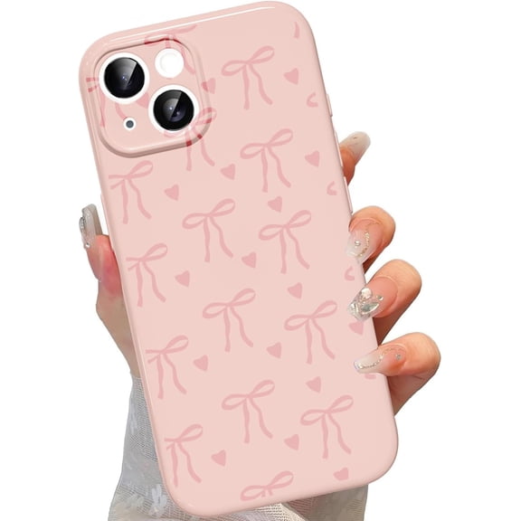 Cute Bow Phone Case for iPhone 13 6.1", Aesthetic Pink Heart Ribbon Bowknot Pattern Print Design Women Girly Case Gloss Raised Camera Protective Cover Soft Slim Silicone Shockproof TPU Funda