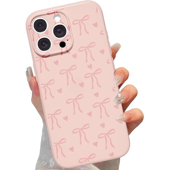 Cute Bow Phone Case for iPhone 15 Pro 6.1", Aesthetic Pink Heart Ribbon Bowknot Pattern Print Design Women Girly Case Gloss Raised Camera Protective Cover Soft Silicone Shockproof TPU Funda