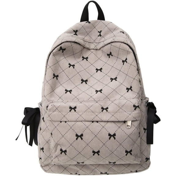 Cute Bow Print Corduroy Backpack for Women College Preppy Kawaii Coquette Laptop Book Bag Korean Aesthetic Daypack (White)
