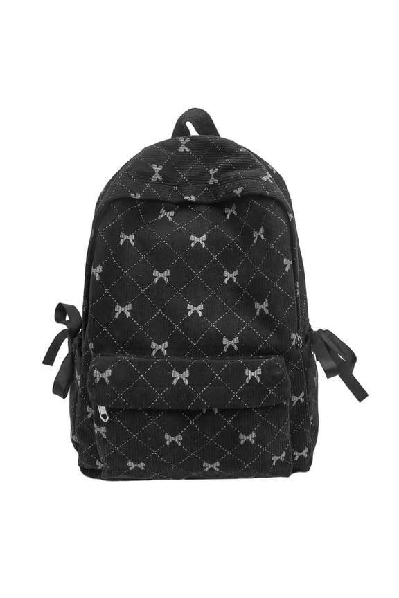 Cute Bow Print Corduroy Backpack for Women College Preppy Kawaii Coquette Laptop Book Bag Korean Aesthetic Daypack (White)