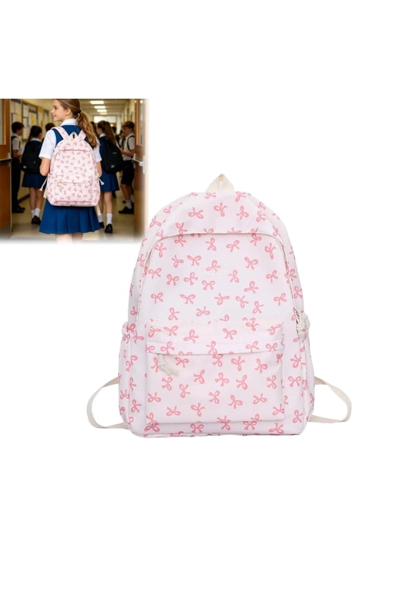 Cute Bow Print Girls Backpack, Breast Cancer Awareness Pink Ribbon Inspired School Bookbag for Back to School Daily Campus Travel