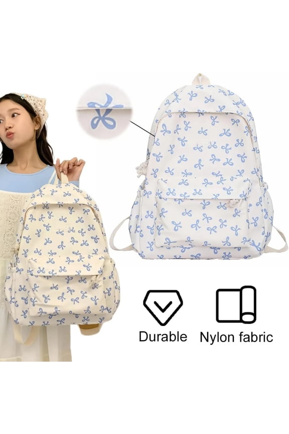 Cute Bow Print Nylon Backpack, Blue White Patterned Daypack, Lightweight Water Resistant Bag with Laptop Compartment
