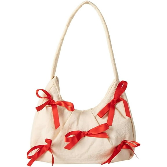 Cute Bow Purse Aesthetic Mini Top Handle Purse Tote Bag Nylon Underarm Handbag Satchel for Women