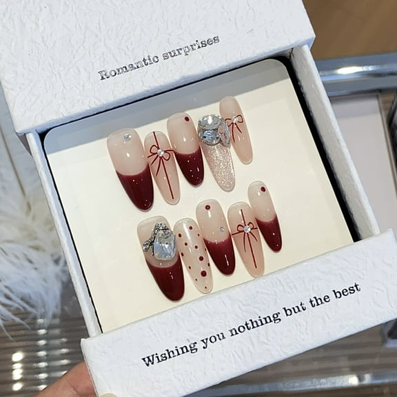 Cute Bow Rhinestone Handmade Press on Nails for Women Polka Dot French Top Bow Long Almond Red Fake Nails