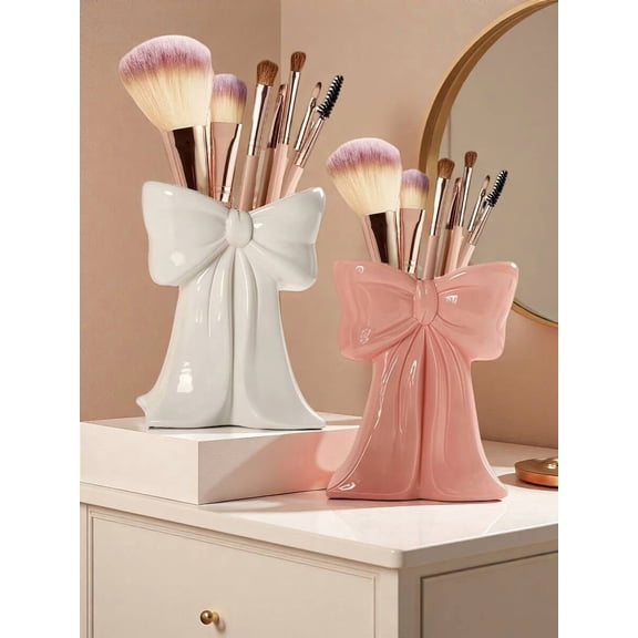 Cute Bow-Shaped Makeup Brush Holder and Vanity Organizer, 3-Compartment Desktop Storage Box for Brushes, Eyeliner and Office Supplies, Pink
