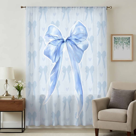 Cute Bow Sheer Curtains 63 Inches Long, Blue Bowknot Minimalist Solid Color Light Filering Curtains, Breathable Simi Curtain Privacy Drapes for Living Room Bedroom Lightweight Window Treatment