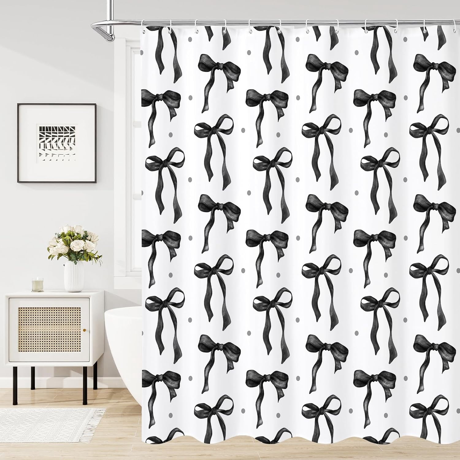 Cute Bow Shower Curtain, Black Aesthetic Bowknot Shower Curtain for Bathroom, Modern Minimalist White Waterproof Fabric Shower Curtain Set