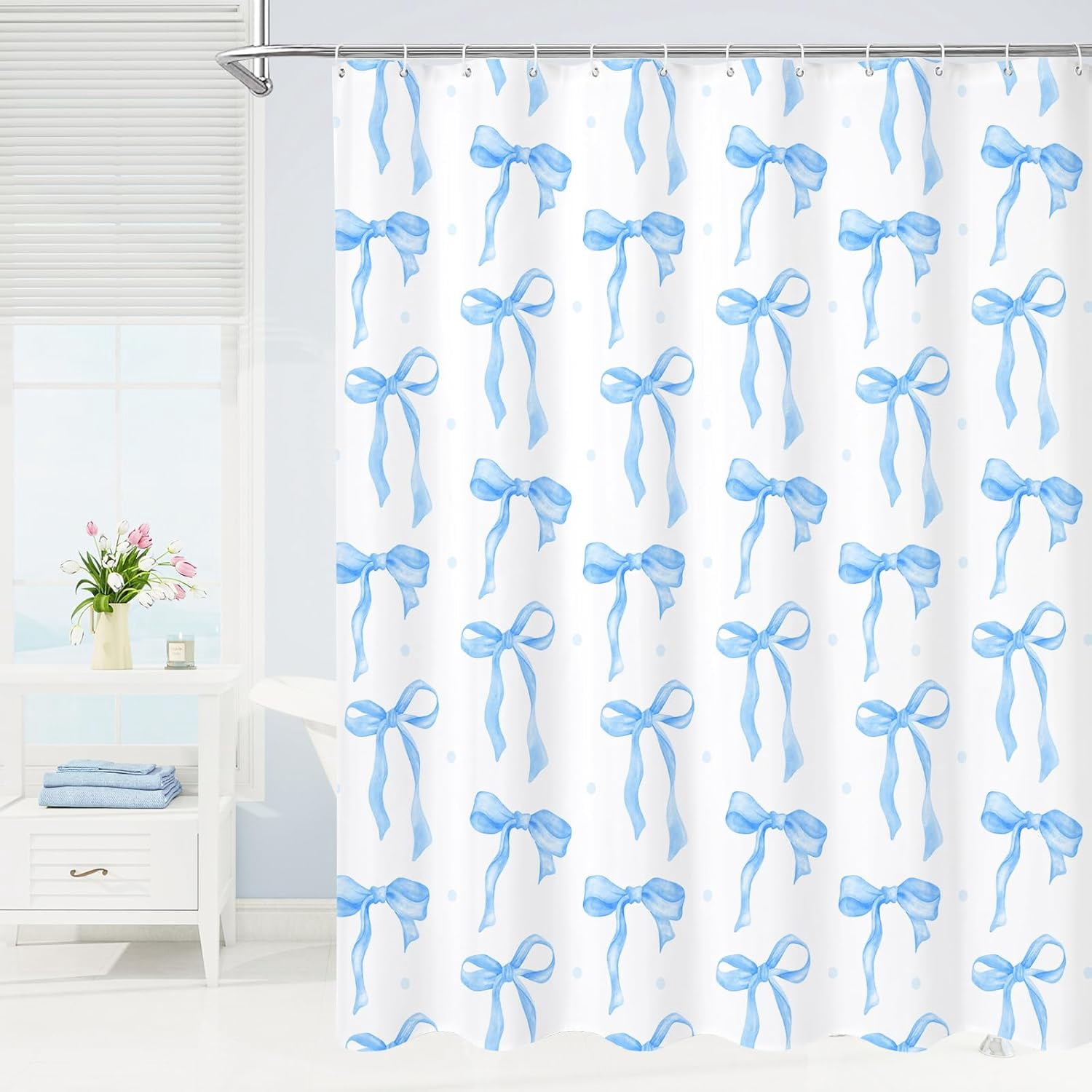 Cute Bow Shower Curtain, Blue Aesthetic Bowknot Shower Curtain for Bathroom, Modern Minimalist White Waterproof Fabric Shower Curtain Set