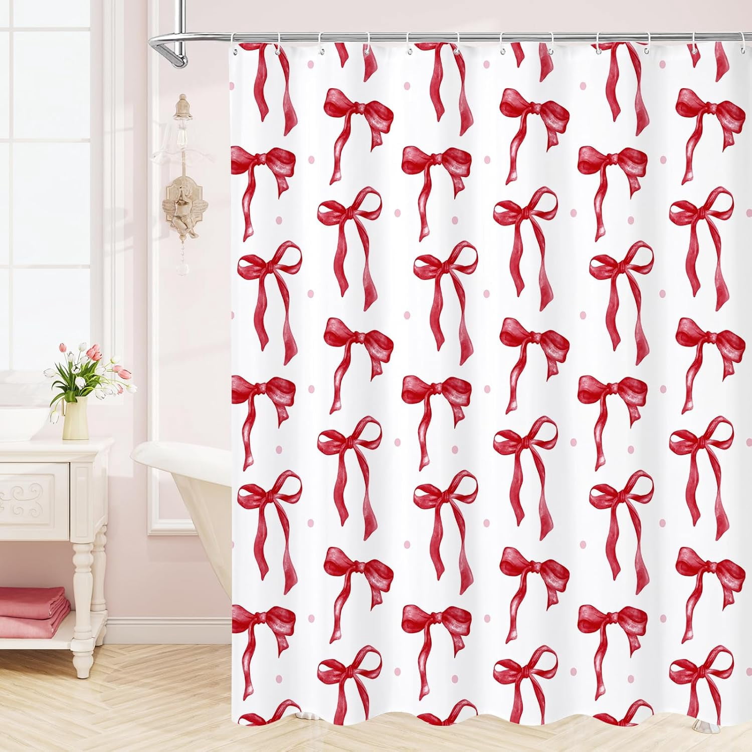 Cute Bow Shower Curtain, Burgundy Aesthetic Bowknot Shower Curtain for Bathroom, Modern Minimalist White Waterproof Fabric Shower Curtain Set