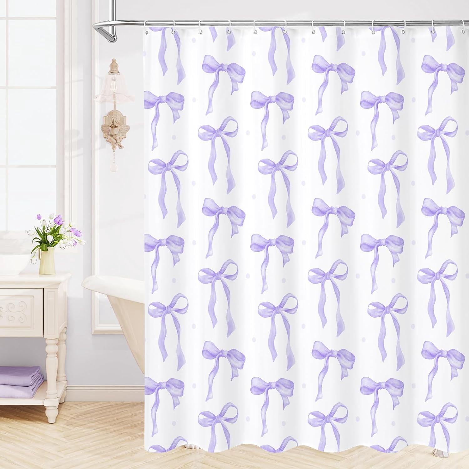 Cute Bow Shower Curtain, Lavender Aesthetic Bowknot Shower Curtain for Bathroom, Modern Minimalist White Waterproof Fabric Shower Curtain Set
