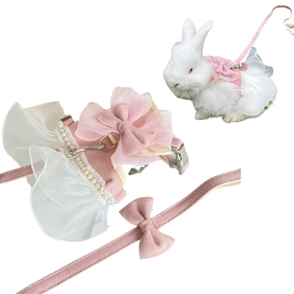Cute Bow‑Skirt Rabbit Harness And Leash Set,Escape‑Proof Breathable Mesh Bunny Vest,Adjustable Walking Outfit For Ferret,Small Pets(Pink,M)