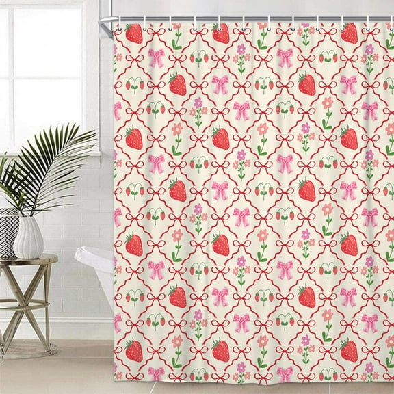 Cute Bow Strawberry Shower Curtain, Pink Bowknot Geometric Checkered Froal Bathroom Curtains, Girls Kids Teen Colorful Bathroom Accessories Decor Shower Curtain Set, 70X75in