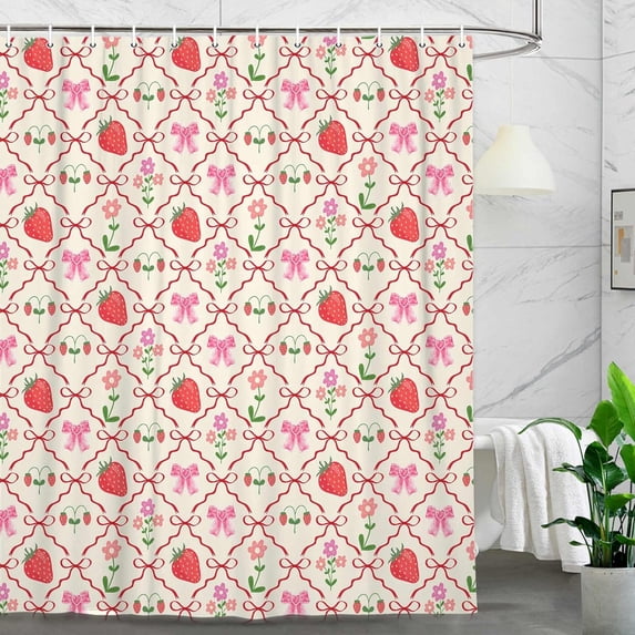 Cute Bow Strawberry Shower Curtain, Pink Bowknot Geometric Checkered Froal Bathroom Curtains, Girls Kids Teen Colorful Bathroom Accessories Decor Shower Curtain Set-72"W x 78"L (Pack of 1)