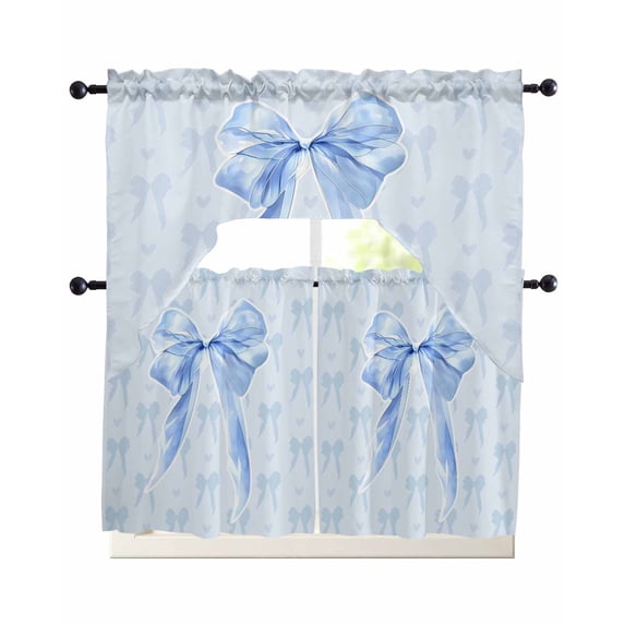 Cute Bow Swag Kitchen Curtains Sets for Windows 24 Inch Length, Blue Bowknot Minimalist Solid Color Short Window Curtain Panels Swags Valances and Tiers 3 Piece Set for Cafe/Dining Room