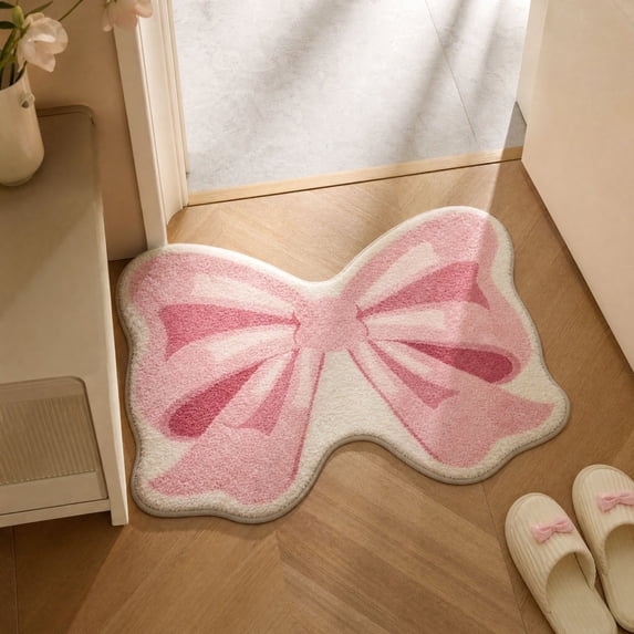 Cute Bow Themed Bedroom Floor Mat, Non Slide Stainproof Sturdy Easy Clean Area Rug with Rubber Backing, for Window Bedside Living Room and Entryway Decor, Pink