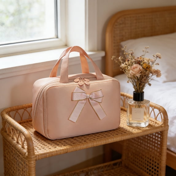 Cute Bow Travel Cosmetic Bag, Large Capacity Waterproof Makeup Organizer with Multi-Compartment for Toiletry & Cosmetics
