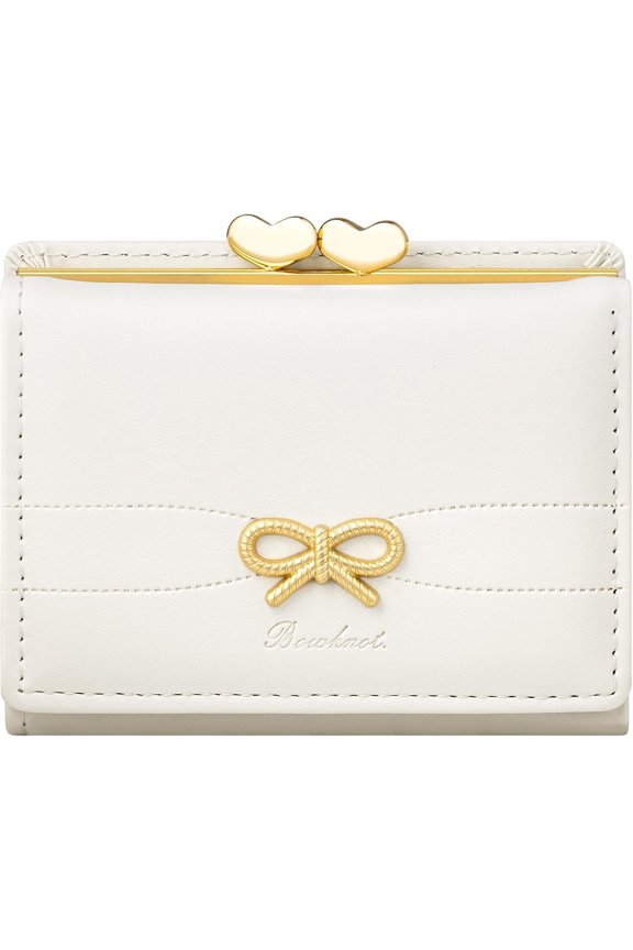 Cute Bow Wallet for Women Small RFID Blocking Trifold PU Leather Card Holder with ID Window & Aesthetic Design (Bow White)