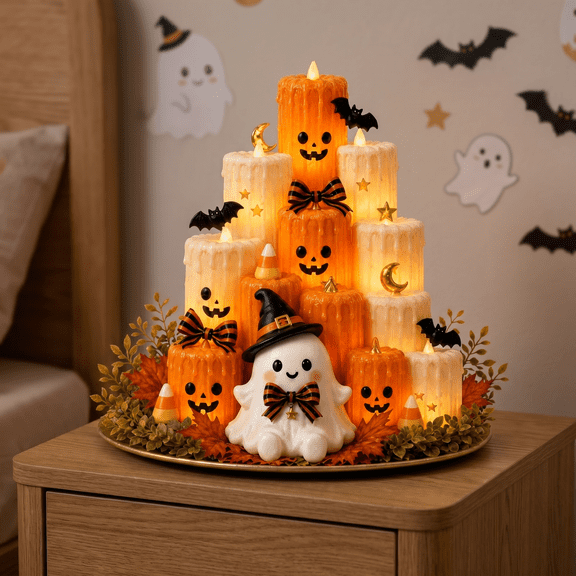 Cute Bow Witch Hat Ghost Halloween Centerpiece,Halloween Decorations, Resin Flameless LED Pumpkin Candle Tower With Foliage Details, Kid Friendly Decor for Party Table Fireplace Console Shelves