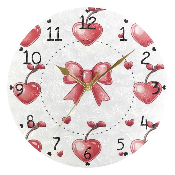 Cute Bow and Hearts Cherries Round Wall Clock Silent Analog Battery Operated Gold Pointer Home Decor 9.84" Diameter