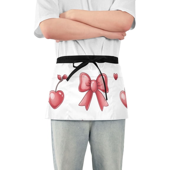 Cute Bow and Hearts Cherries Short Server Apron with 3 Pockets for Unisex Chef Gardening