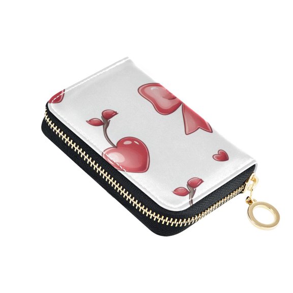 Cute Bow and Hearts Cherries Women's Credit Card Holder PU Leather Zipper Wallet RFID Blocking
