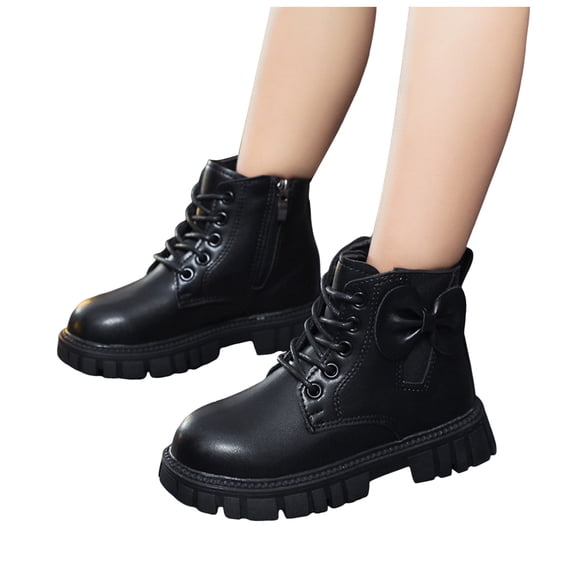 Cute Bowknot Ankle Combat Boots for Girls Platform Leather Lace Up Riding Booties Lightweight Non Slip Dress Shoes for Toddler Black Size 2 Big Kids