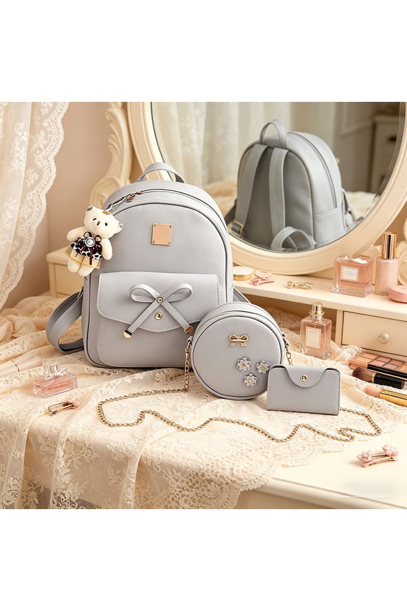 Cute Bowknot Backpack Set for Women, 3 Piece Set with Crossbody Bag and Wallet, Lightweight Daily Carry for School, Office, and Outing