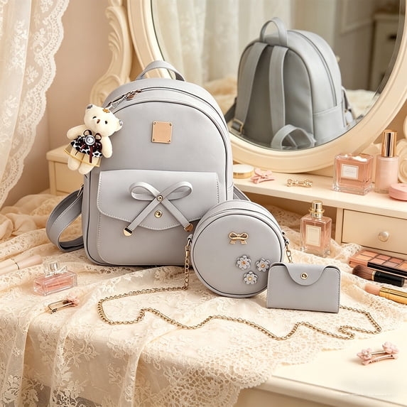 Cute Bowknot Backpack Set for Women, 3 Piece Set with Crossbody Bag and Wallet, Lightweight Daily Carry for School, Office, and Outing