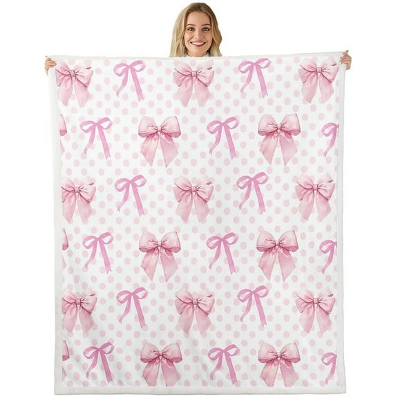 Cute Bowknot Fleece Blanket,Cartoon Princess Style Crown Bow-tie Dreamy Pink Bed Blanket for Adults Teens,Sweet Strawberry Tropical Fruits Room Decor,Super Soft Flannel Blanket,40"x50"