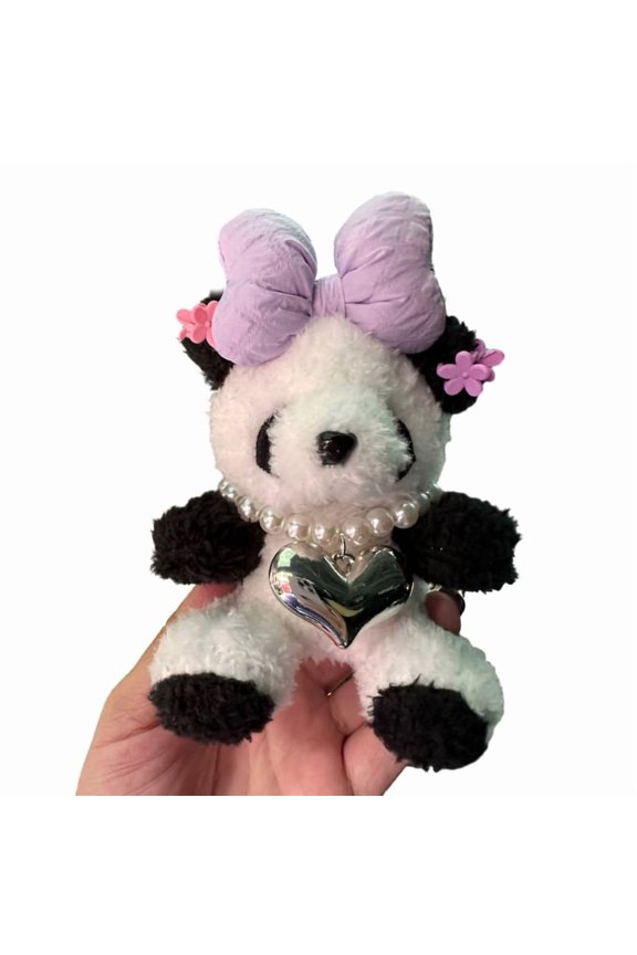 Cute Bowknot Panda Keychain Adorable Heart Pendant Colorful Plush Keyring Couple Key Rings Ornament for Backpacks
