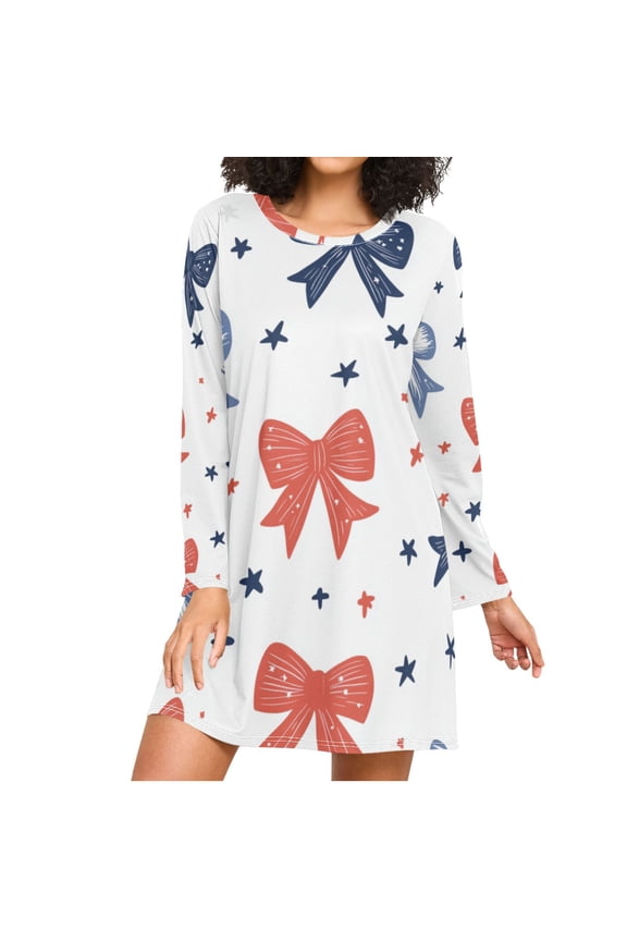 Cute Bowknots Stars Women's Long Sleeves Nightgowns Sleepwear Soft Pajama A-line Sleep Dress M