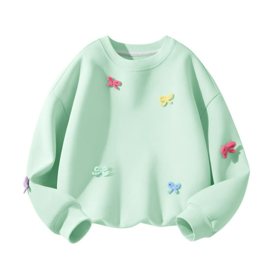 Cute Bows Sweatshirts for Girls Crewneck Baggy Pullover Bowknots Casual Fashion Solid Color Long Sleeve Tops (5-6 Years, Green)
