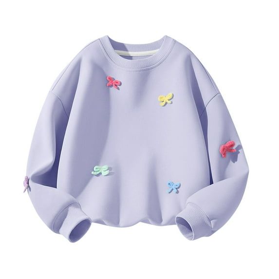 Cute Bows Sweatshirts for Girls Crewneck Baggy Pullover Bowknots Casual Fashion Solid Color Long Sleeve Tops (9-10 Years, Purple)