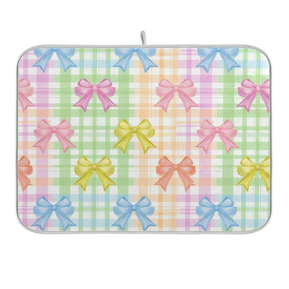 Cute Bows and Plaid Dish Drying Mat 16x18 Absorbent Microfiber Draining Rack Pad for Kitchen Counter Sink