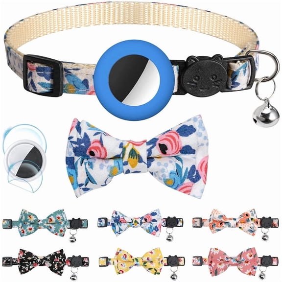Cute Bowtie Cat Dog Collar with AirTag Case & Bell, Adjustable Breakaway Pet Collar for Kittens and Small Puppies