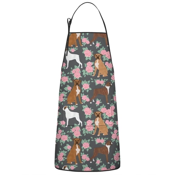 Cute Boxer Dog and Flowers Florals Apron-Garden Aprons for Women with Pockets-Cotton Linen Waterproof Kitchen Cooking Gardening Aprons Adjustable for Kitchen,Cooking,BBQ and Salon 33x27 Inch
