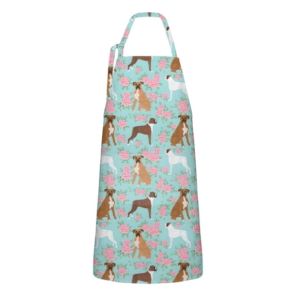 Cute Boxer Dog and Flowers Florals Apron-Garden Aprons for Women with Pockets-Cotton Linen Waterproof Kitchen Cooking Gardening Aprons Adjustable for Kitchen,Cooking,BBQ and Salon 33x27 Inch
