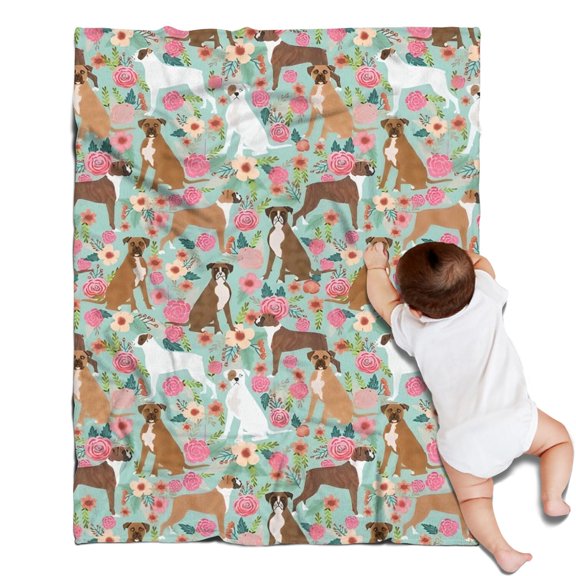 Cute Boxer Dog and Flowers Florals Blanket,Comfortable Soft Flannel Throw Blanket,All Season,Warm Lightweight Blankets for Sofa Bed Couch Living Room Chair,30"x40"