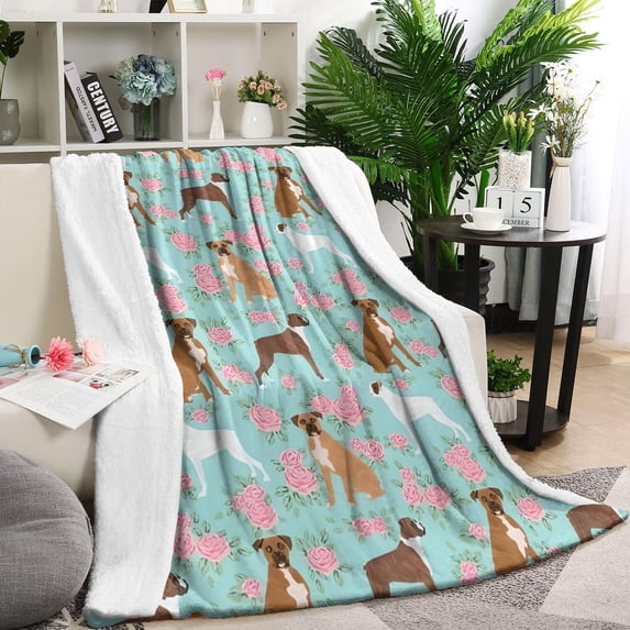 Cute Boxer Dog and Flowers Florals Blanket,Comfortable Soft Flannel Throw Blanket,All Season,Warm Lightweight Blankets for Sofa Bed Couch Living Room Chair,60"x80"