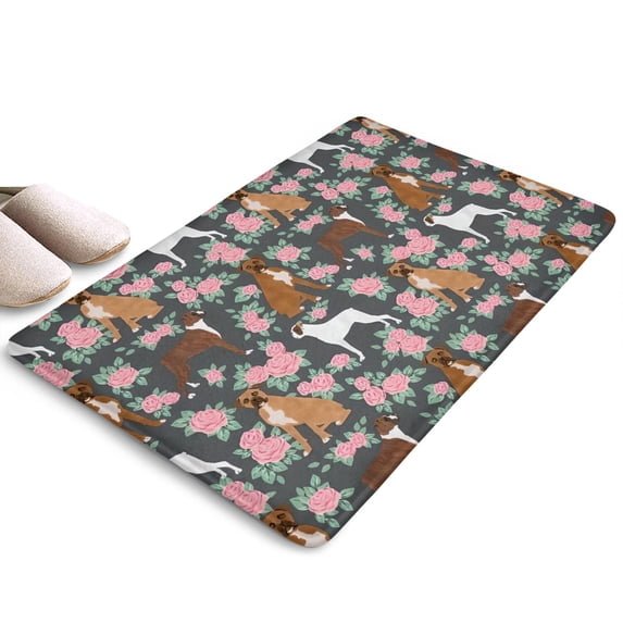 Cute Boxer Dog and Flowers Florals Flannel Non Slip Door Rugs,Washable Door Mats Indoor,Decorative Door Mats,Dirt-Resistant and Absorbent Doormat for Entrance,Bedroom,Kitchen,Bathroom,23.5"x16"