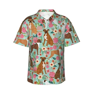 Cute Boxer Dog Flowers Florals Flowers Hawaiian Shirts For Men, Summer Short-Sleeve Relaxed-Fit Button-Down Shirts 3x-Large
