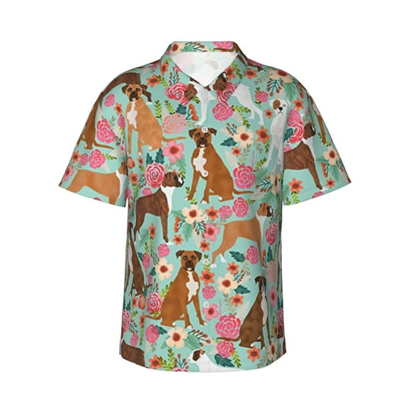 Cute Boxer Dog Flowers Florals Flowers Men'S 3d Print Casual Button Down Shirts, Novelty Hawaiian Short Sleeves L