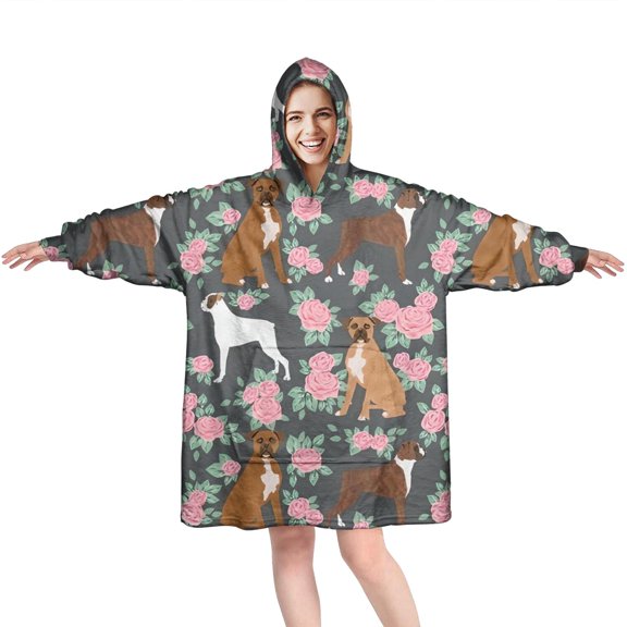 Cute Boxer Dog and Flowers Florals Wearable Oversized Blanket,Wearable Blanket Hoodie for Adults,Cozy Hooded Blankets with Super Pockets,Super Warm Fuzzy Pullover for Women & Men